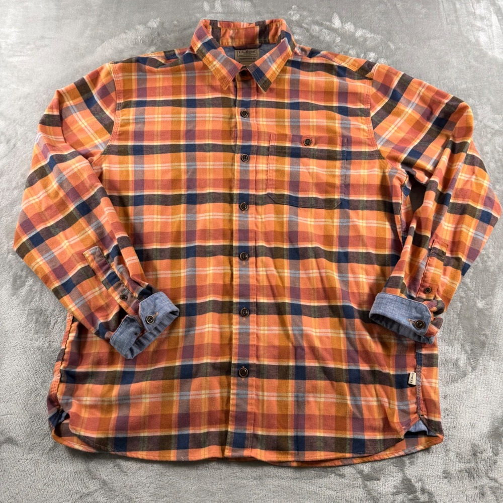 LL Bean Mens Traditional Fit Plaid Flannel Shirt Orange Blue M 513053